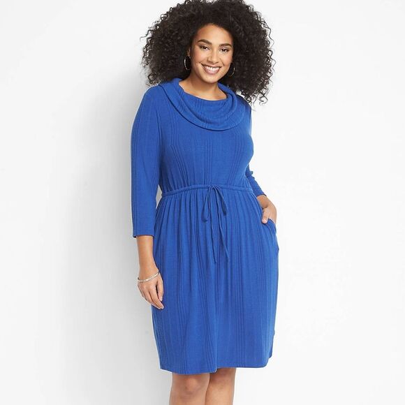 NEW Lane Bryant Cowl-Neck Knit Dress Blue Ribbed 3/4 Sleeve 18/20 2X Soft Casual - Picture 1 of 14